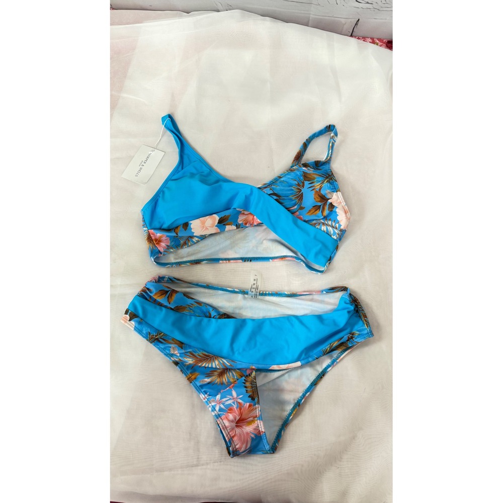 Harper & Wells Blue Tropical Floral Wrap Front High Waisted Bikini Set NWT L
